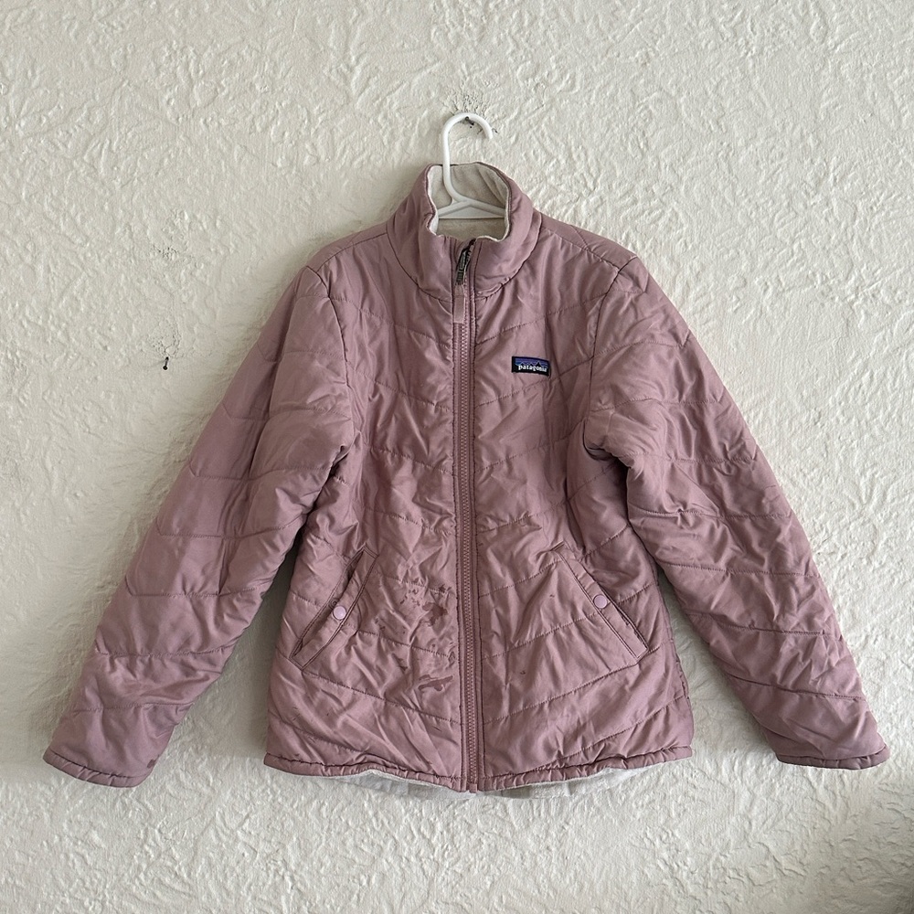 Patagonia Girls Reversible Snow Flower Jacket Kids FLAWS Small 7 8 Pink Ivory